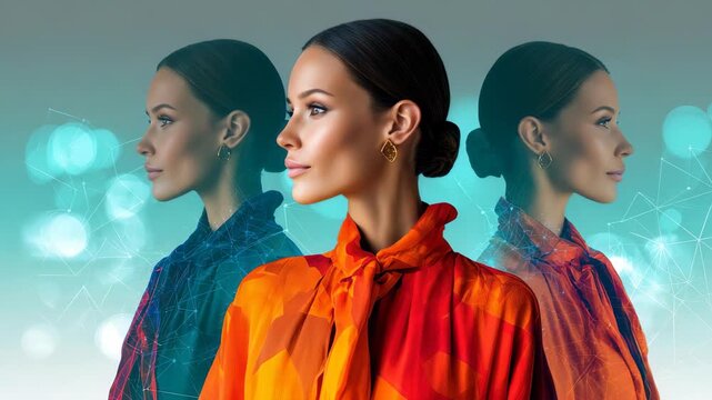 A poised woman in a bold orange blouse is depicted with digital reflections, representing personal development and tech driven progress. The scene blends confidence, innovation, and modern aesthetics