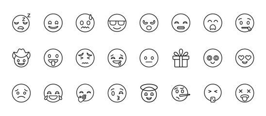 24 set of outline web emoji icons such as smile emoji, yelling emoji, tongue out nerd kissing with smiling eyes vector thin icons for report, presentation, diagram, web design, mobile app
