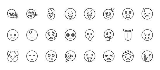 24 set of outline web emoji icons such as liar emoji, rich emoji, headache tongue curious vector thin icons for report, presentation, diagram, web design, mobile app