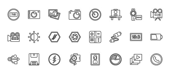 24 set of outline web electronic stuff fill icons such as compact camera, camera timer, brightness option, camera big screen size, flip vector thin icons for report, presentation, diagram, web