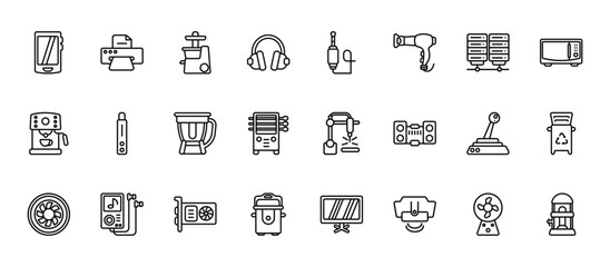 24 set of outline web electronic devices icons such as copy hine, jack, vaporizer, joystick, crock-pot vector thin icons for report, presentation, diagram, web design, mobile app
