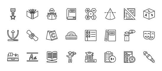 24 set of outline web education icons such as open book black cover, calculator buttons interface, folded certificate, woman with idea, man with trophy vector thin icons for report, presentation,