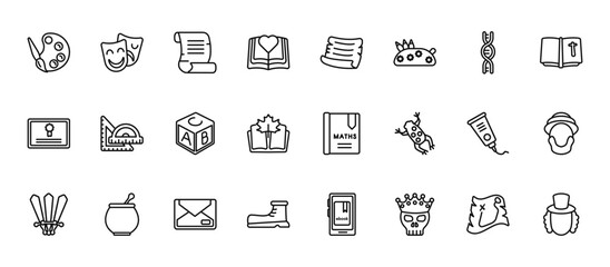 24 set of outline web literature icons such as theater, manuscript, rulers, paint tube, shoe vector thin icons for report, presentation, diagram, web design, mobile app