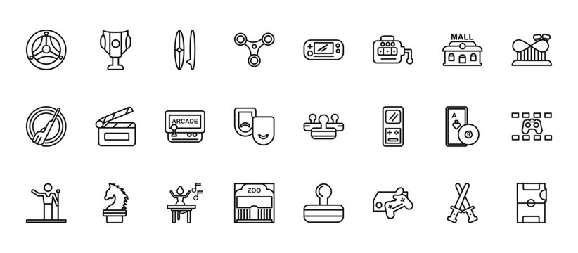 24 set of outline web arcade icons such as score, handheld game, clapboard, poker, zoo vector thin icons for report, presentation, diagram, web design, mobile app