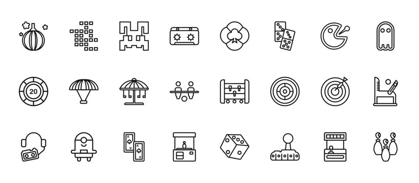 24 set of outline web arcade icons such as  , gambling, paraplane, dart, game hine vector thin icons for report, presentation, diagram, web design, mobile app
