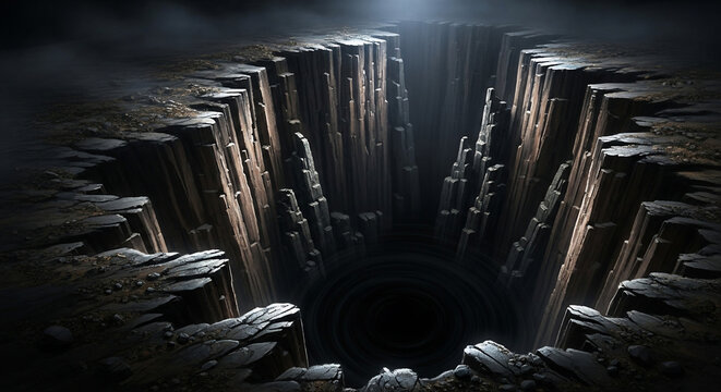 A deep, dark abyss descends into the earths core with unknown depths