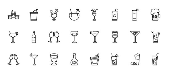 Fototapeta premium 24 set of outline web drinks icons such as ice bucket and bottle, blue lagoon, wine bottles, manhattan drink, armagnac vector thin icons for report, presentation, diagram, web design, mobile app