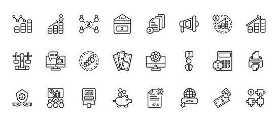 24 set of outline web digital economy icons such as growth, invoice, social media, calculator, piggy bank vector thin icons for report, presentation, diagram, web design, mobile app