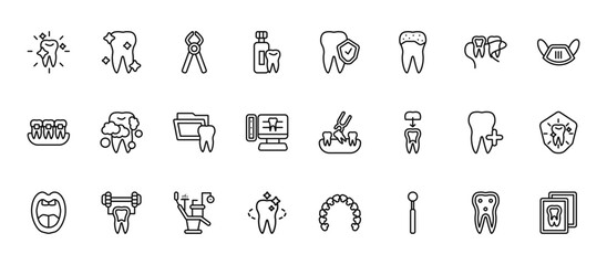 24 set of outline web dentist icons such as shiny tooth, prophylaxis, tooth cleaning, aid, tooth whitening vector thin icons for report, presentation, diagram, web design, mobile app