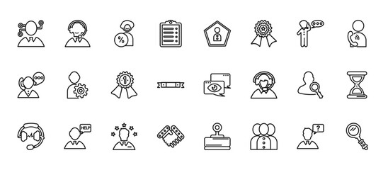 24 set of outline web customer service icons such as support, user, tings, search, hand shake vector thin icons for report, presentation, diagram, web design, mobile app