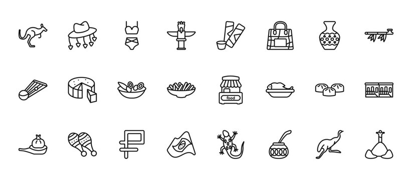 24 set of outline web culture icons such as cork hat, spring rolls, goat cheese, steamed bread, brazil flag vector thin icons for report, presentation, diagram, web design, mobile app