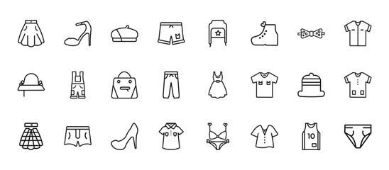 Fototapeta premium 24 set of outline web clothes icons such as high heel, ushanka, dungarees, bowler, polo shirt vector thin icons for report, presentation, diagram, web design, mobile app