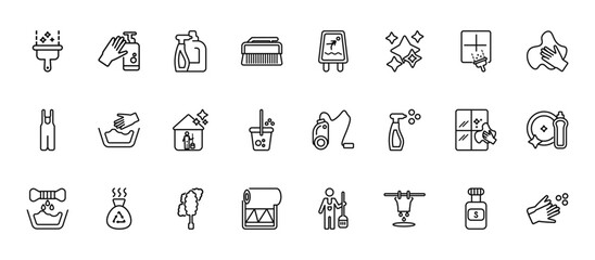 24 set of outline web cleaning icons such as hand washing, slippery, delicate, cleaning window, paper roll vector thin icons for report, presentation, diagram, web design, mobile app