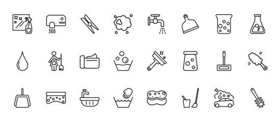 24 set of outline web cleaning icons such as hand dryer, tap, charwoman, mop, hand wash vector thin icons for report, presentation, diagram, web design, mobile app