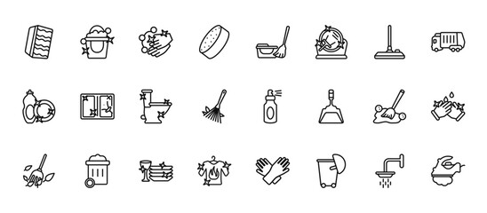 24 set of outline web cleaning icons such as bucket cleanin, mop cleanin, window cleanin, wiping swipe for floors, dress vector thin icons for report, presentation, diagram, web design, mobile app