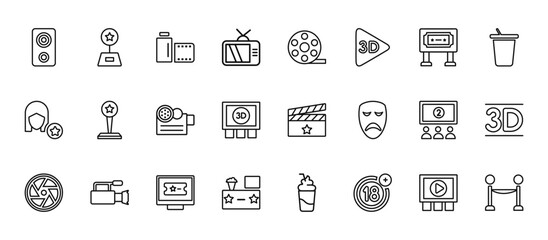 24 set of outline web cinema icons such as trophy with a star, movie roll, star movie award, movie theater, cinema snack bar vector thin icons for report, presentation, diagram, web design, mobile