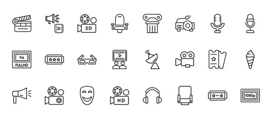 24 set of outline web cinema icons such as cinematographic announcer, theatre pillar, cinema ticket with a star, tickets, hd video vector thin icons for report, presentation, diagram, web design,
