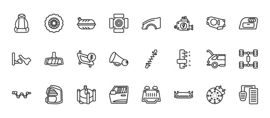 24 set of outline web car parts icons such as car tyre, car fender (us, canadian), rear-view mirror, boot, door vector thin icons for report, presentation, diagram, web design, mobile app