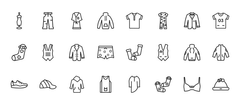 24 set of outline web clothes icons such as jeans, t-shirt, vest, sweater, tanktop vector thin icons for report, presentation, diagram, web design, mobile app