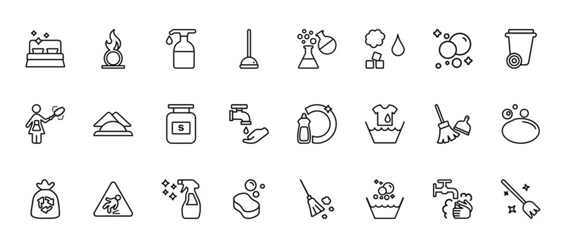 24 set of outline web cleaning icons such as oxidizing agent, chemical reaction, serviette, sweep, sponge vector thin icons for report, presentation, diagram, web design, mobile app