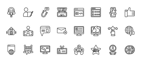 24 set of outline web blogger and influencer icons such as copywriter, script, selfie, rating, visitor vector thin icons for report, presentation, diagram, web design, mobile app
