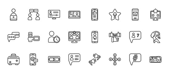 24 set of outline web blogger and influencer icons such as conversation, phone, camcorder, follow, follower vector thin icons for report, presentation, diagram, web design, mobile app