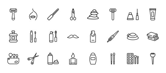 24 set of outline web beauty icons such as woman face, spa, concealer, three stones, candle vector thin icons for report, presentation, diagram, web design, mobile app