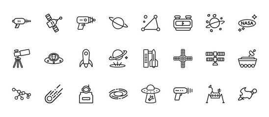 24 set of outline web astronomy icons such as space module, triangulam australe, alien with aqualung, international space station, nebula vector thin icons for report, presentation, diagram, web © Digital Bazaar
