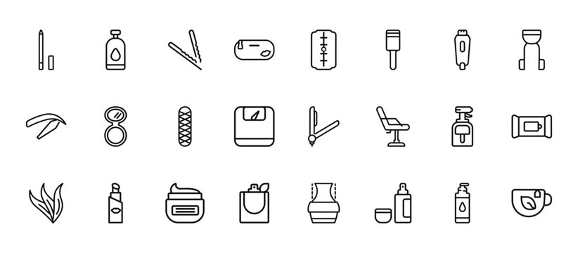 24 set of outline web beauty icons such as inclined bottle, big razor blade, powder, water spray, french perfume vector thin icons for report, presentation, diagram, web design, mobile app