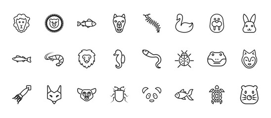 24 set of outline web animals icons such as hedgehog, centipede, shrimp, crocodile, beetle vector thin icons for report, presentation, diagram, web design, mobile app