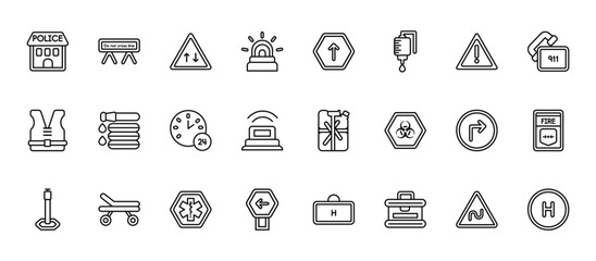 24 set of outline web alert icons such as do not cross line, ahead, water hose, turn right, keep left vector thin icons for report, presentation, diagram, web design, mobile app