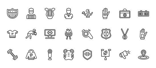 24 set of outline web american football icons such as referee, football player, picking the ball, american football medal, pad vector thin icons for report, presentation, diagram, web design, mobile