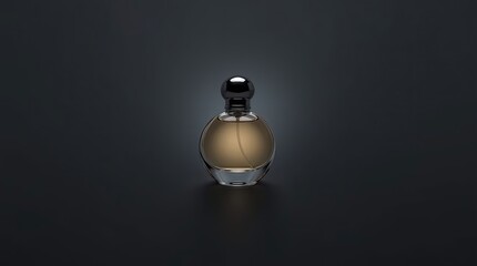 A round, elegant perfume bottle with a dark cap, filled with amber liquid, set against a black background, conveying a sense of luxury and sophistication generative ai
