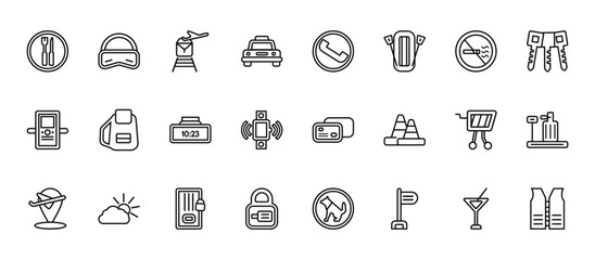 24 set of outline web airport terminal icons such as aeroplane pilot glasses, telephone, book bag with pockets, duty free basket, luggage security vector thin icons for report, presentation,