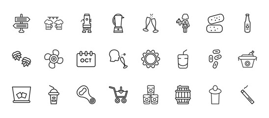 24 set of outline web alcohol icons such as oktoberfest, cheers, cooling, yeast, order vector thin icons for report, presentation, diagram, web design, mobile app