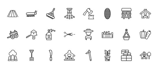 24 set of outline web farming and gardening icons such as caterpillar, wood chop, chicken coop, hanging pot, barn vector thin icons for report, presentation, diagram, web design, mobile app