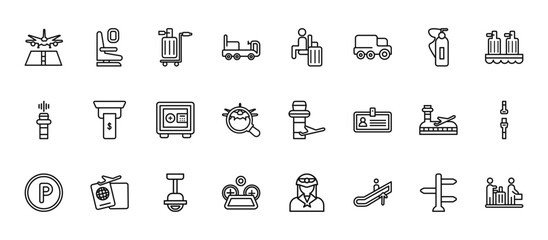 24 set of outline web airport terminal icons such as airplane seat, waiting for flight, dollar bill from cash hine, danger sing, flight panel vector thin icons for report, presentation, diagram, web