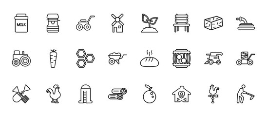 24 set of outline web farming icons such as water well, planting, carrots, combine harvester, wood logs vector thin icons for report, presentation, diagram, web design, mobile app
