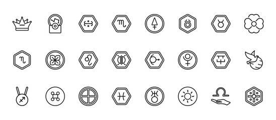 24 set of outline web zodiac icons such as projection, sulphur, affluence, standard of quality, pisces vector thin icons for report, presentation, diagram, web design, mobile app