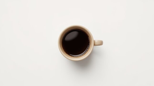 A beige mug filled with black coffee sits centered on a plain white background. The image conveys simplicity and calm with its minimalist style generative ai
