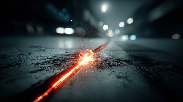 Red light streak on dark asphalt road with blurred background bokeh lights. - Powered by Adobe