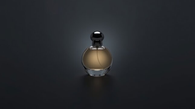 A round, elegant perfume bottle with a dark cap, filled with amber liquid, set against a black background, conveying a sense of luxury and sophistication generative ai