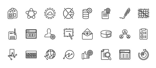 24 set of outline web user interface icons such as radar chart with pentagon, analytics tings, the  of, connected users in flow chart, data analytics interface of connected circles vector thin icons