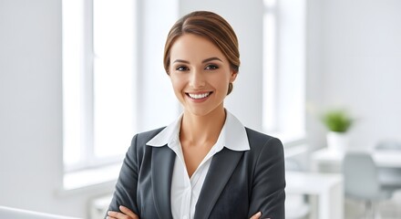 Professional young woman in formal attire smiling confidently in a modern office environment with large windows and natural light
