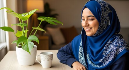 A smiling woman wearing a blue hijab sitting at a table with a potted plant and a cup in a cozy indoor setting