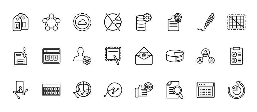 24 set of outline web user interface icons such as radar chart with pentagon, analytics tings, the  of, connected users in flow chart, data analytics interface of connected circles vector thin icons