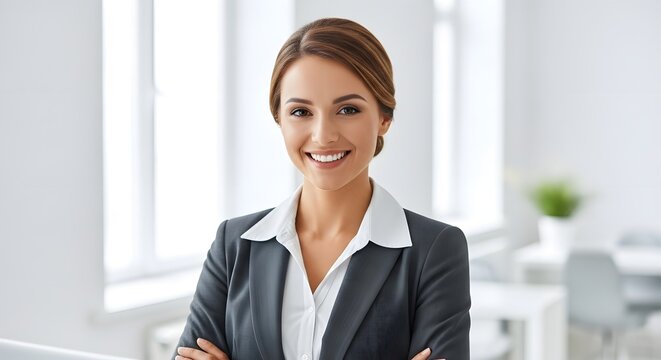 Professional young woman in formal attire smiling confidently in a modern office environment with large windows and natural light