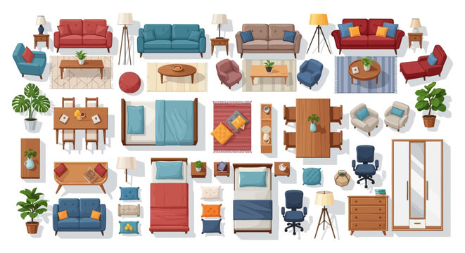 furniture arrangement top-down view showcases living dining and bedroom sets ideal for interior design visualizations and architectural planning flat lay.