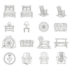 Fototapeta premium country furniture set outline drawings of rustic bed chair chests lamps and wheels for home decor designs creating a cozy traditional interior style.