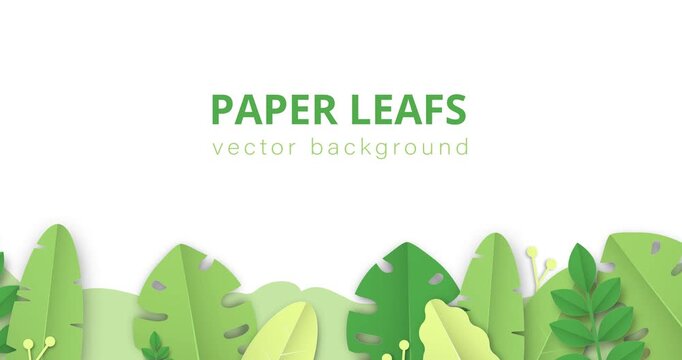 Papercut leafs background. Moving banner with green leaves and branches of different plants and trees. Nature and Environment. Flat graphic animated cartoon in paper cut style